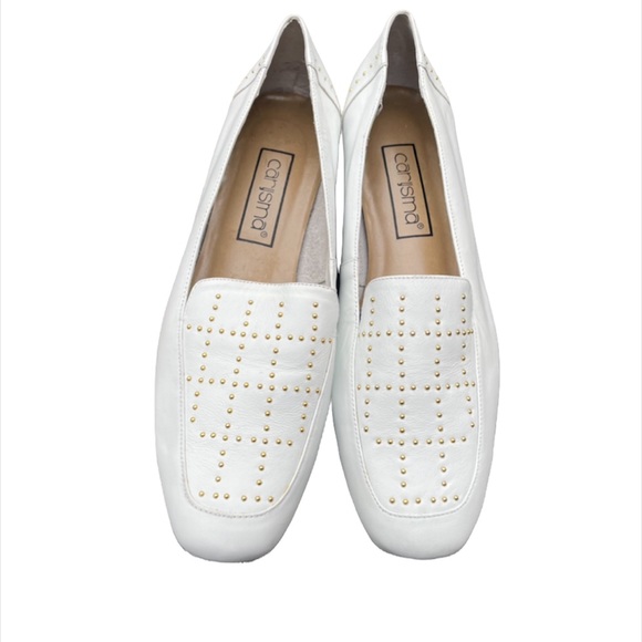 Carysma Shoes - Vintage White Leather Loafer Gold Studded Flat Woman’s Size 10 Wide Carysma